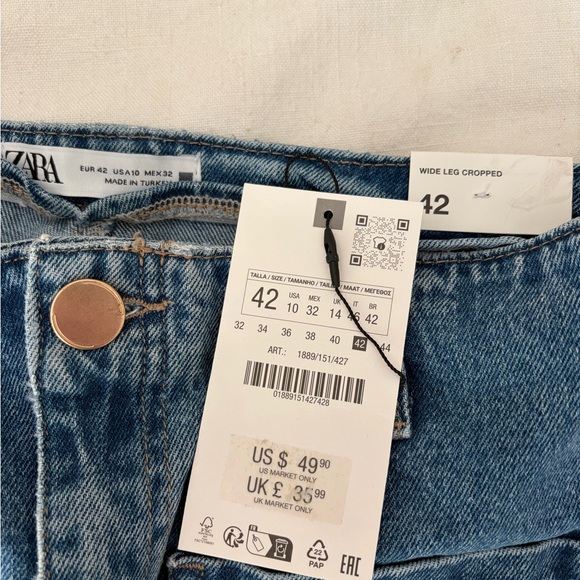 NWT Zara Wide Leg Cropped Blue Jean - Picture 4 of 7